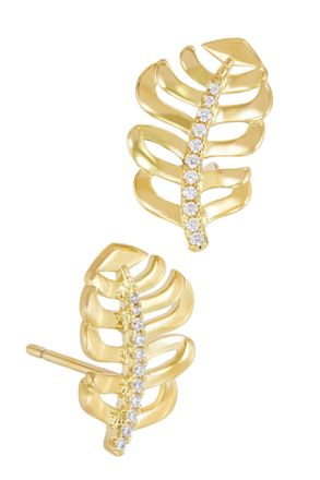 Savvy Cie Jewels GOLD PLATED WHITE CZ LEAF STUD EARRING