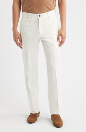 Berle Pleated Cotton & Linen Straight Leg Pants in Off White at Nordstrom, Size 37