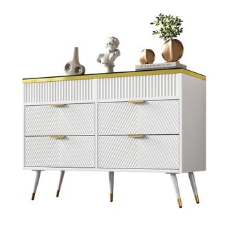STILVORA C&oacute;moda Aparador Con 6 Cajones Y Separadores Extra&iacute;bles, Sistema Push, Antivuelco, En Vidrio, 120&times;40&times;76 Cm, Blanco