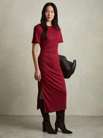Reiss Tulia Red -blend Ruched Midi Dress, 14, Dark Red