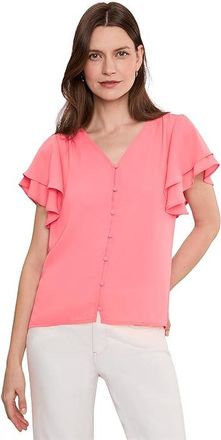 CeCe by Cynthia Steffe Double Flutter Sleeve Shirred Shoulder Top Womens Clothing Coral Bloom : SM, Polyester