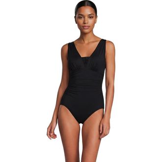 Lands End D-Cup Slender Grecian Tummy Control Chlorine Resistant One Piece Swimsuit in Black at Nordstrom, Size 18