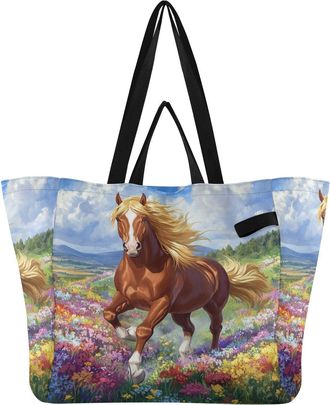 Generic Brown Horse Flower print Reusable Canvas Tote Bag, Heavy Duty Grocery Shopping Bag with Double Handles Hard Bottom Large Capacity Work Groceries Trave