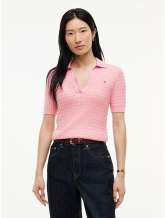 Tommy Hilfiger Womens Short-Sleeve Cable Knit Sweater Polo - Carnation Pink - XXS