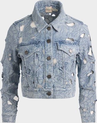 Alice & Olivia Chloe Laser-Cut Denim Jacket