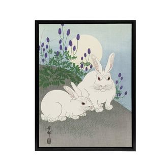 Artery8 Two Rabbits At Full Moon Framed Canvas Wall Art Print Ohara Koson in Blue | Size: W24 x H32