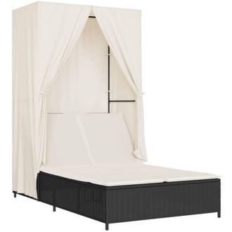 vidaXL Tumbona Doble Con Techo Y Cortinas Rat&aacute;n Sint&eacute;tico Negro Vidaxl