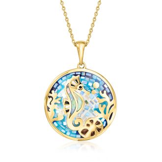 Ross-Simons Multicolored Enamel and Mother-Of-Pearl Seahorse Mosaic Pendant Necklace in 18kt Gold Over Sterling