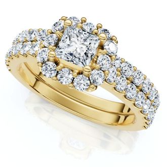Pompeii3 1.50Ct Princess Cut Halo Diamond Engagement Wedding Ring Set 14k Gold Lab Grown