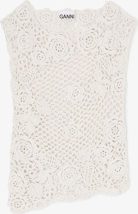 Ganni White Knit Top in Cotton Crochet - Size XXS Organic