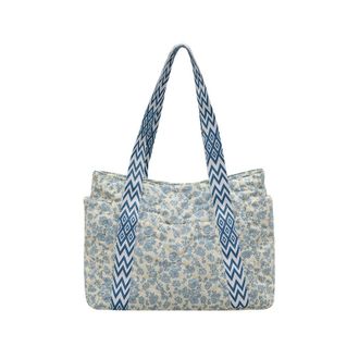 Generic Womens Quilted Tote Bag Cute Nylon Floral Shoulder Bags Puffer Handbag with Bow Charm & Side Pockets, Teacher, Mom, Daily Wear (Blue,One Size)