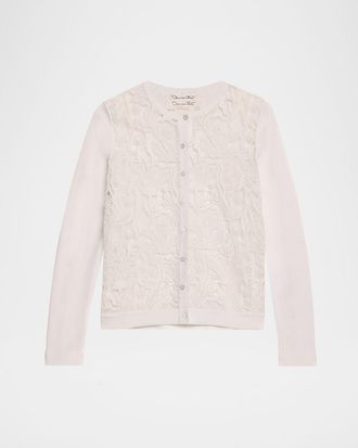 Oscar De La Renta Bellflower Guipure Inset Crewneck Cardigan