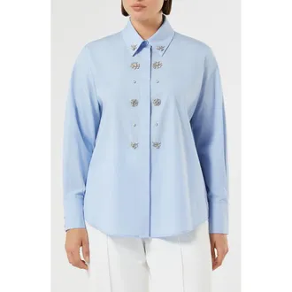 Marina Rinaldi Embellished Cotton Button-Up Shirt in Sky Blue at Nordstrom, Size 16W