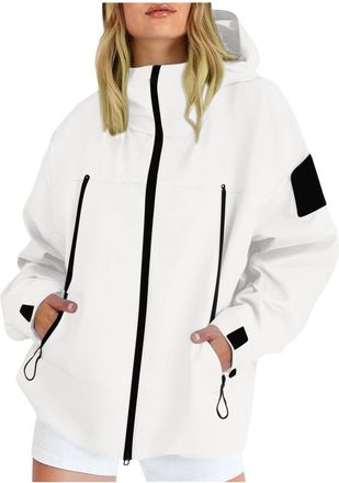 Generic Women Lightweight Waterproof Jackets Hooded Rain Coats with Zip Pockets Functional Softshell Outdoor Windbreaker Sports Jacket Loose Windproof Coat La