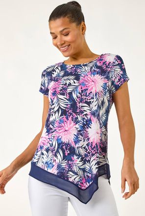 Roman Textured Floral Print Asymmetric Top