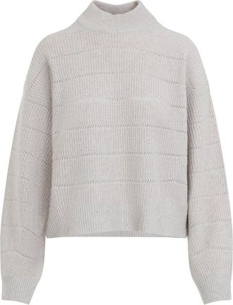 Brunello Cucinelli Beige Cashmere Mock Neck Lana Cashmire Stripe Pullover-Donna