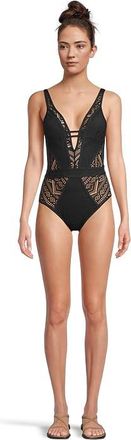 BECCA by Rebecca Virtue Color Play Crochet Plunge One Piece Womens Swimsuits One Piece Black : MD, Nylon/Spandex