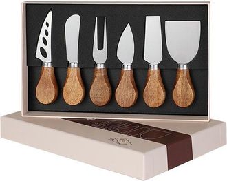 OEM Juego De 6 Cuchillos Para Queso, Hoja De Acero Inoxidable, Mango De Madera, Mango De Madera De Acacia, Tenedor Para Queso, Plateado