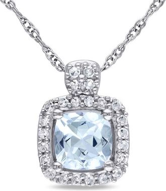 Amour Cushion Cut Aquamarine and 1/10 CT TW Diamond Pendant with Chain In 10K White Gold