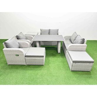 Fimous Fimous 8 Pieces Outdoor PE Rattan Sofa Reclining Chair Set Patio Garden Furniture Sets with Cushions Side Table 2 Big Stools Light Grey