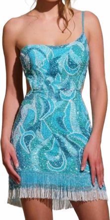 Jovani Sparkling Sequin Cutout Mini Dress With Fringe Hem In Light Blue
