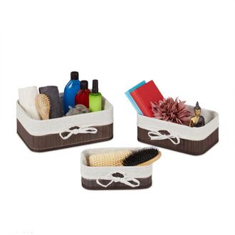 Relaxdays Relaxdays 3x Storage Basket, Bathroom Storage Boxes in 3 Sizes, Bamboo & Polyester, Multipurpose, Stackable, Brown/Creme