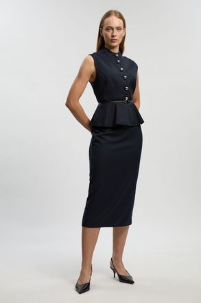 Karen Millen Womens Tailored Pinstripe Peplum Belted Midi Dress - Black - Size 10 UK