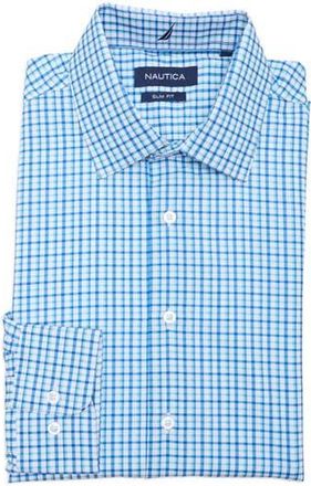 Nautica Slim Fit Geo Print Stretch Dress Shirt in White/Green/Blue at Nordstrom Rack, Size 15.5 - 32/33