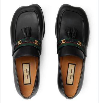 Gucci Black Leather Web Interlocking Loafers Size 38.5