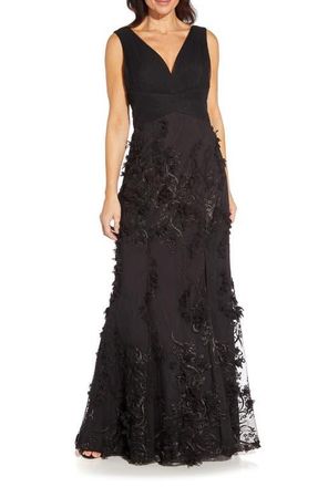 Adrianna Papell Embroidered Mesh Trumpet Gown in Black at Nordstrom, Size 10