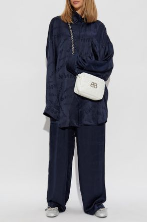 Balenciaga Silk Shirt With Logo, Womens, Navy Blue