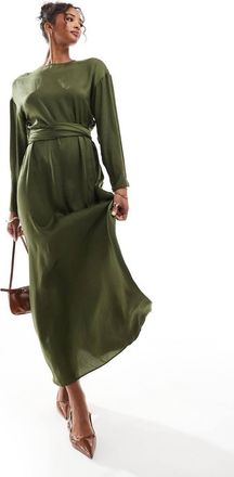 Asos satin long sleeved tie detail maxi dress in khaki-Green