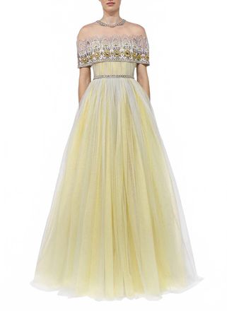 Reem Acra Strapless Gathered Tulle Gown In Yellow