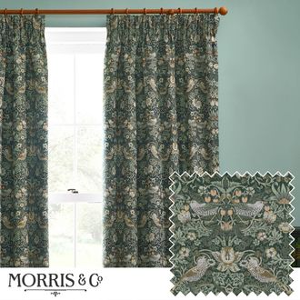 Morris & Co. Strawberry Thief Jacquard Floral Room Darkening Pencil Pleat Curtain Pair in Green | Size: 168 cm width x 137 cm drop