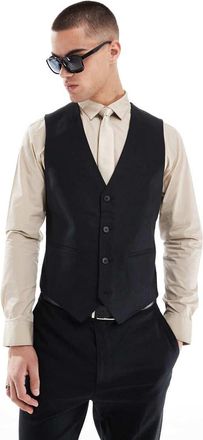 Asos Gilet da abito slim in misto lino nero