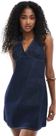 Asos denim halter dress with dart detail-Navy