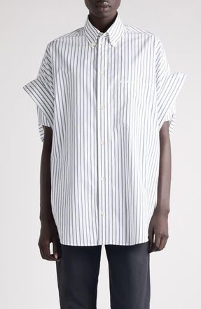 Balenciaga Tucked Short Sleeve Button-Down Shirt in 9086 White/Blue at Nordstrom, Size 12 Us
