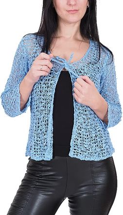 Mimosa Ladies Popcorn Style Crochet Plain Stretch Fish Net Tie at Waist Bolero Shrug Open Cardigan (One Size, Mid Blue Cardigan)