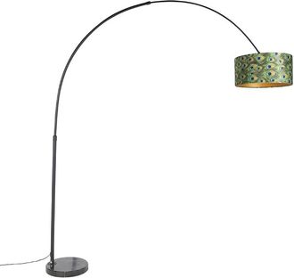 QAZQA Qazqa Moderno L&aacute;mpara De Arco Bot&aacute;nica Con Pantalla De Terciopelo Negro Dise&ntilde;o Pavo Real 50 Cm - Xxl Acero /m&aacute;rmol /textil Alargada /cil&iacute;ndra /redonda