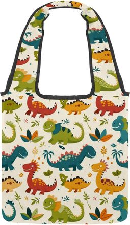 Generic Cartoon Fun Dinosaurs Reversible Canvas Shoulder Tote - Double-Sided Print, 12oz Cotton, 27cm Drop, Fold-Flat Bag for Travel, Shopping, Street Outings