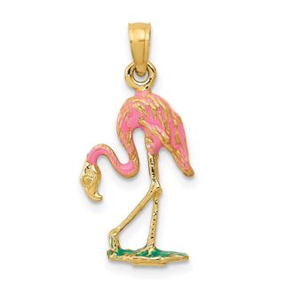 Diamond2Deal 14k Yellow Gold Enameled Pink Flamingo Pendant