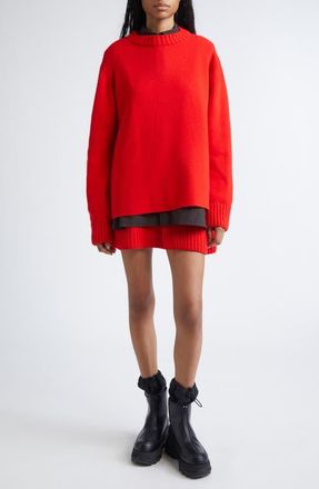 sacai Mixed Media Long Sleeve Wool Suiting & Knit Sweater Dress in Red/Brown at Nordstrom, Size 3