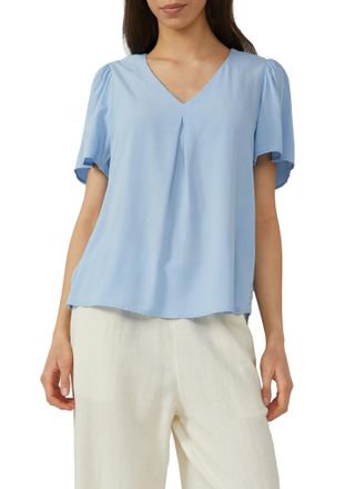 QS by s.Oliver Kurzarmbluse QS, Damen, Gr. 34, blau (light blau), Web, Obermaterial: 100% Viskose, unifarben, regular fit h&uuml;ftbedeckend, V-Ausschnitt, Puff&auml;rmel, Blu