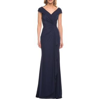 La Femme Elegant Net Jersey Long Gown with Ruching in Navy at Nordstrom, Size 12