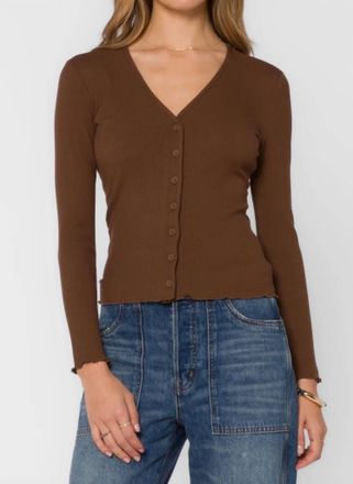 Velvet Heart Lettuce Hem Ribbed Fitted Cardigan In Brown