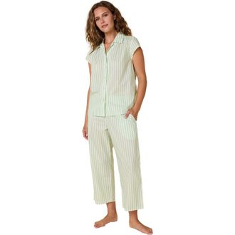 The Cats Pajamas Luxe Pima Capri Floral Set in Classic Stripe Light Green at Nordstrom, Size X-Small