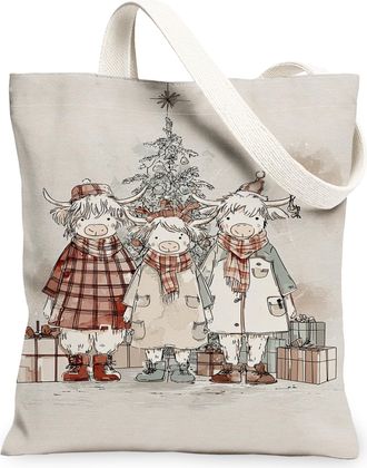 Generic Christmas Cow Canvas Tote Bags, Animal Illustration Pattern Reusable Grocery Bags, Rustic Lightweight Washable Shoulder Str, Beige, 13x15 Inch