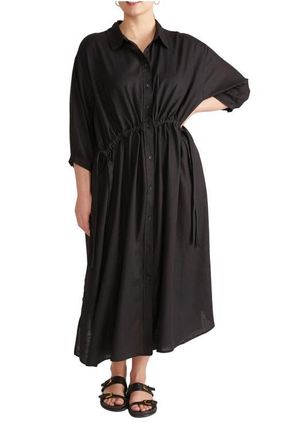 Universal Standard Drawstring Waist Button-Up Linen Blend Shirtdress in Black at Nordstrom, Size Xs
