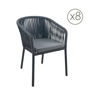 Kerama Pack de 8 sillas de jardin de aluminio antracita y cuerda con coj&iacute;n