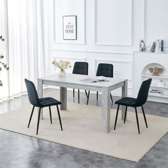 Kosy Koala Stone Grey Effect Wood Dining Table Set with 4 Black Velvet Chairs Modern Dining Room Furniture in Brown